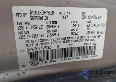 2007 Chrysler Town & Country Touring z USA, uszkodzony, nr VIN 2A4GP54L27R262995